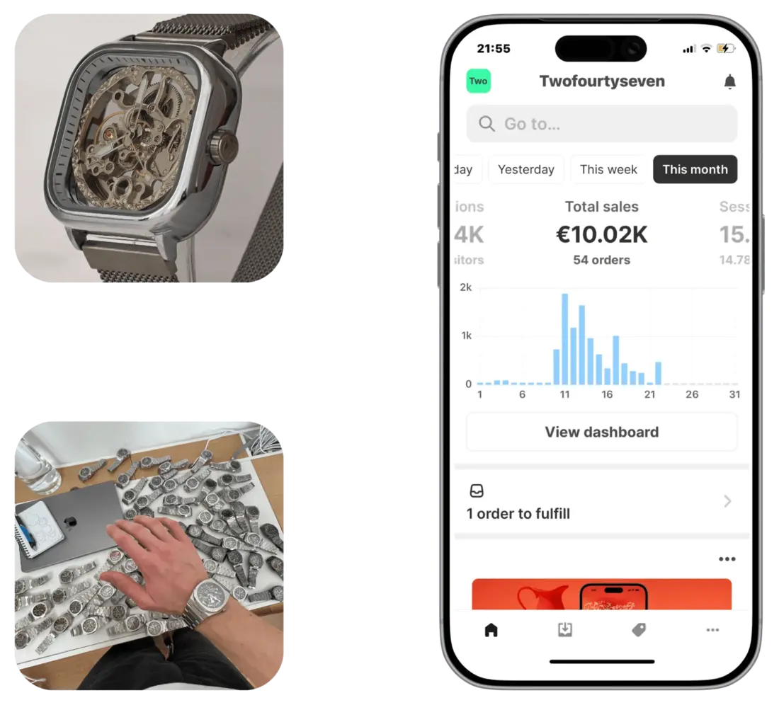 Twofourtyseven: a skeleton watch, a desk full of watches and the Shopify dashboard showing €10.02K in sales this month