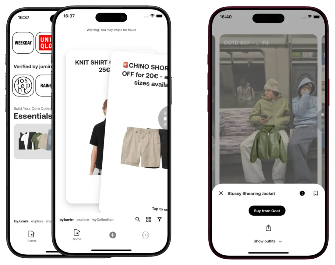 The Jumirr app: verified brands, swipeable product cards and outfit details with a buy link
