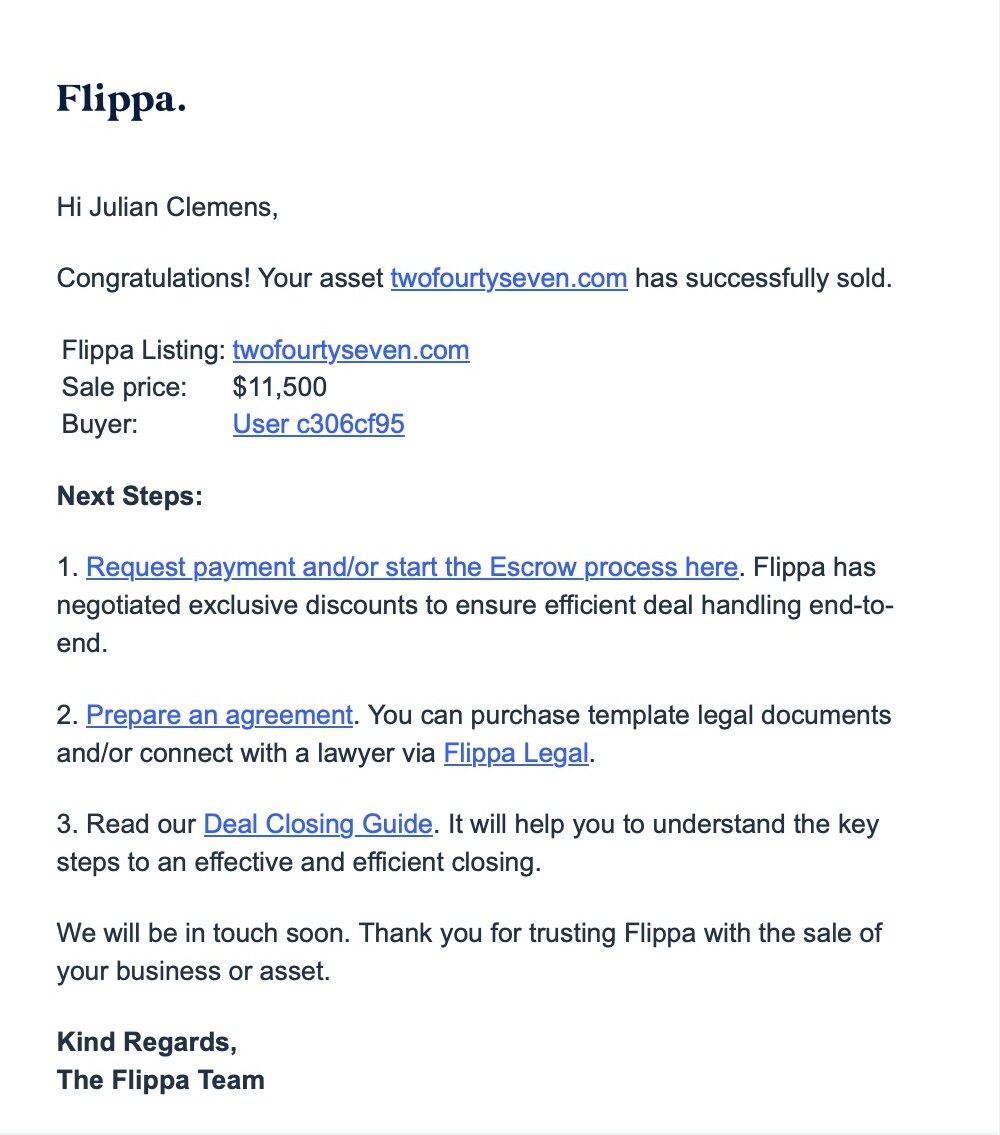 Flippa email: twofourtyseven.com successfully sold