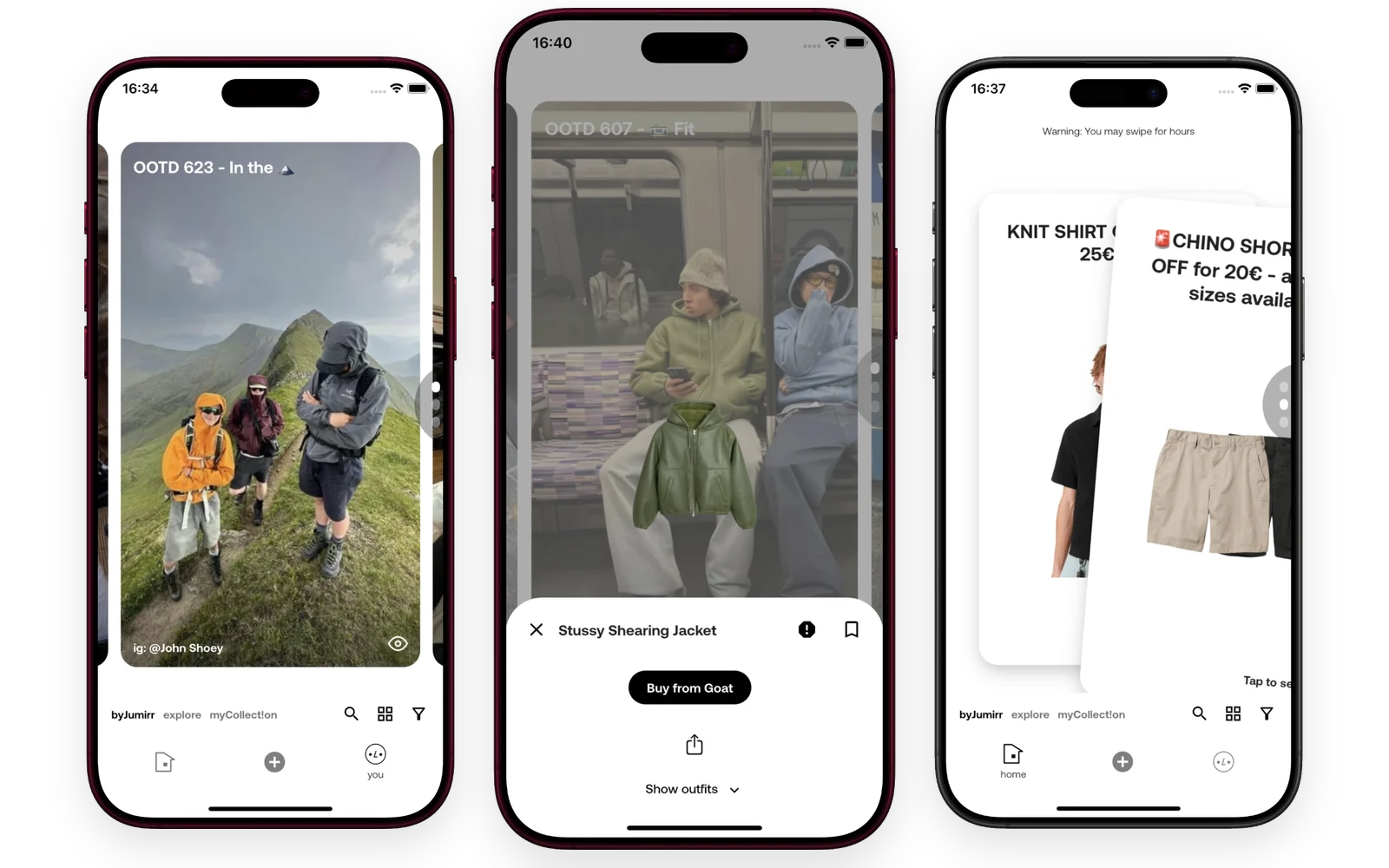 Three screens of the Jumirr app: an outfit feed, a shoppable item from an outfit and the brand finds swipe deck