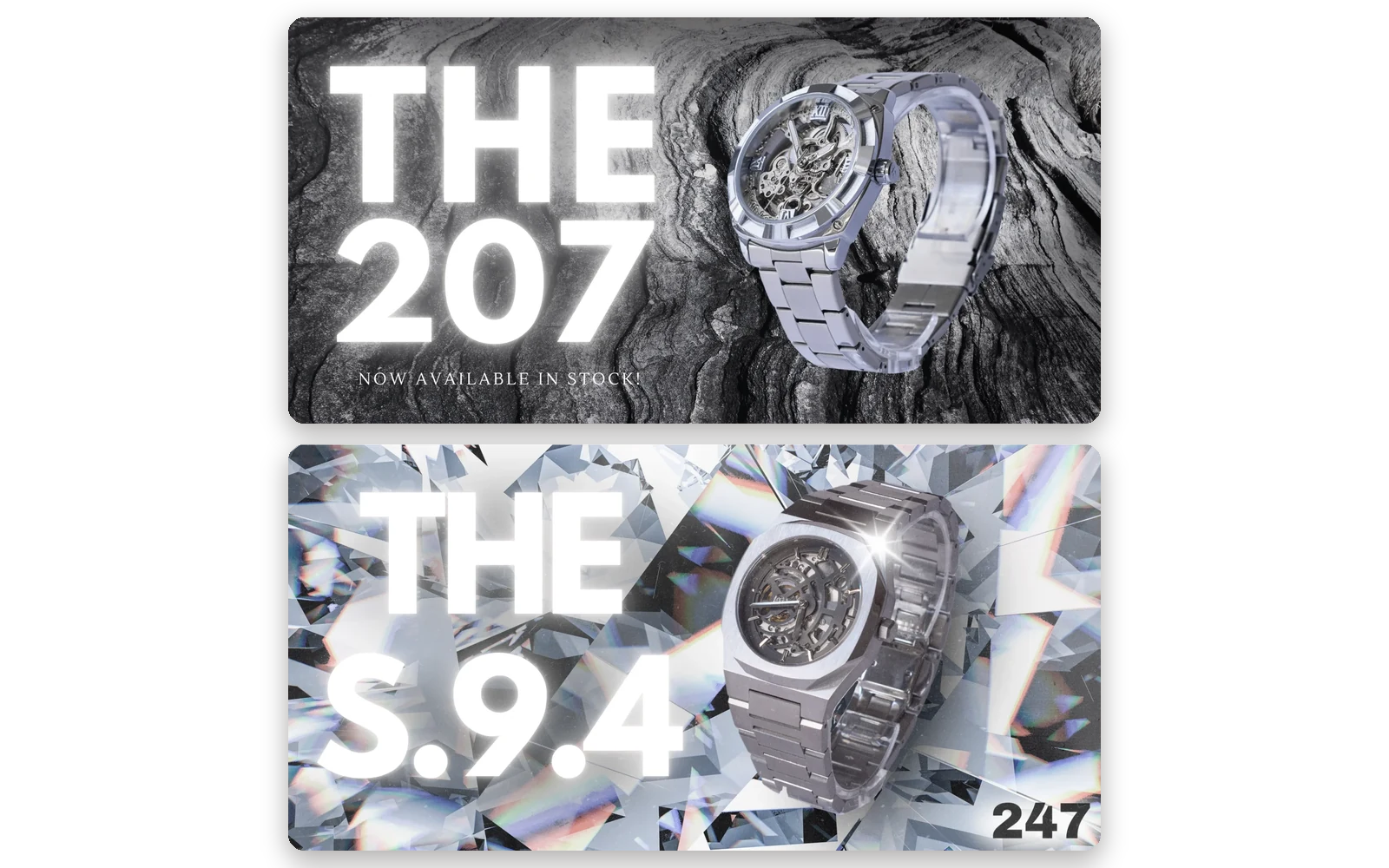 Launch banners for two Twofourtyseven watches: The 207 and The S.9.4